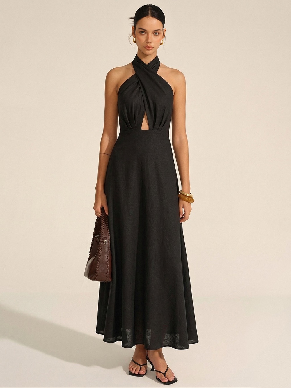 COMMENSE Cotton Linen Halter Neck Cut-Out Maxi Dress